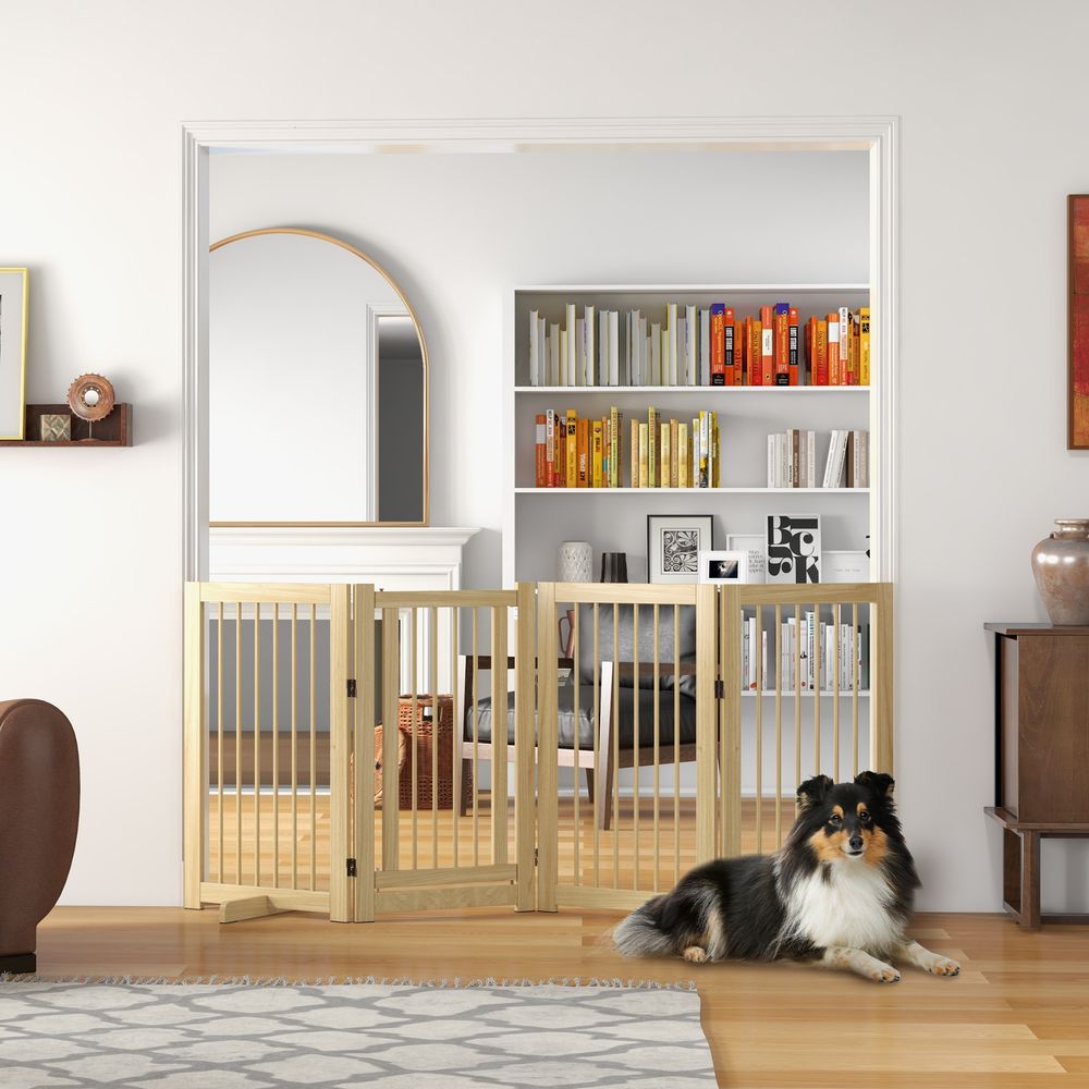 Barrière sécurité chien bois pin massif pliable 4 panneaux porte 220x91cm naturel - comfortxl pet living