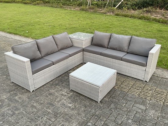 Meubles de jardin en rotin ave canapé, table basse carrée table d'appoint gris clair