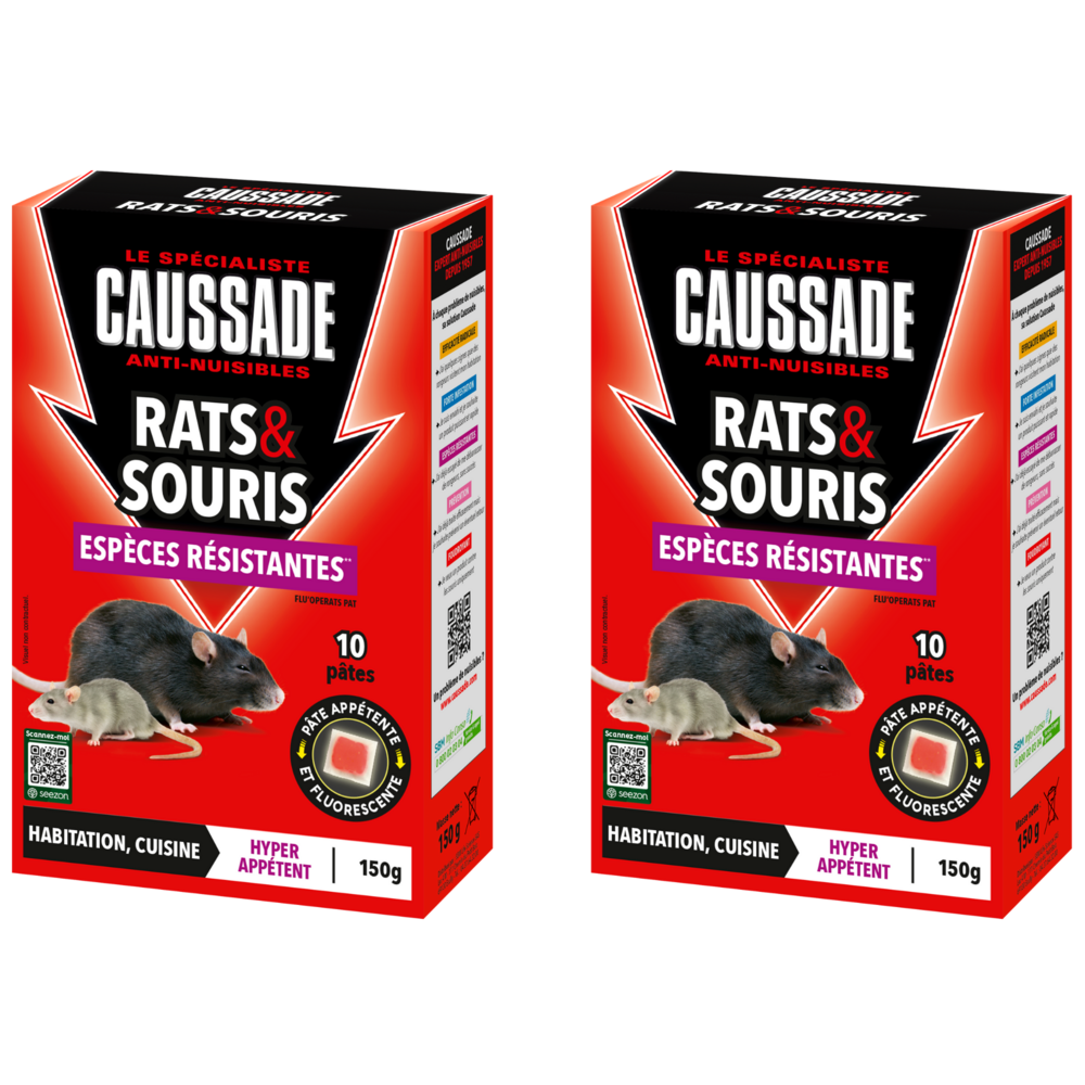 Caussade anti-rats & souris – 20 sachets pâtes fluorescents prêts à l’emploi, usage lieux secs et humides, 2x150g