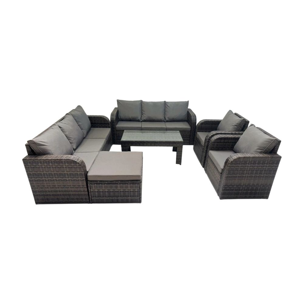 9 places dossier haut salon de jardin avec chaise inclinable table basse rectangulaire grand tabouret ensemble de canapés en rotin