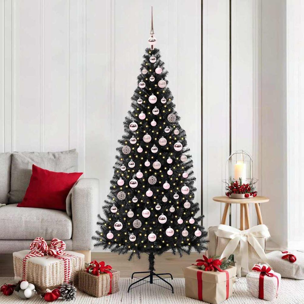 Sapin de noël artificiel noir 1.80m tout inclus : 300 led et 120 boules de décoration