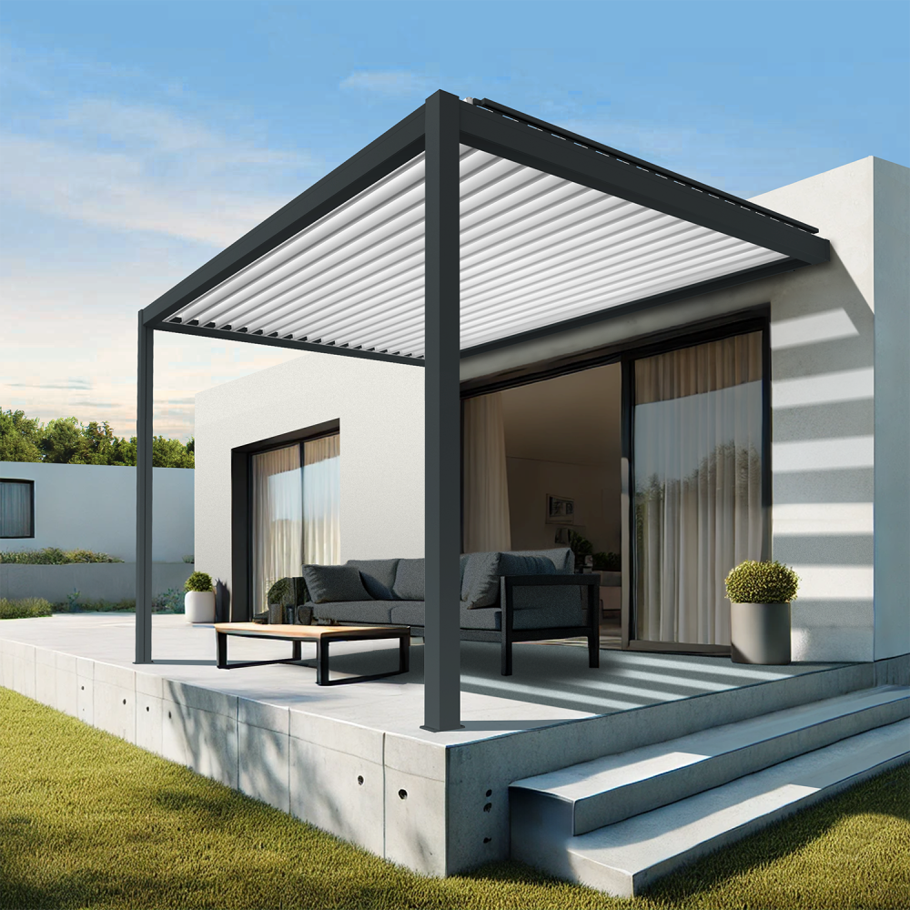 Pergola bioclimatique xenon (vérin à télécommande - gris anthracite / blanc - 4,00 x 4,655m)
