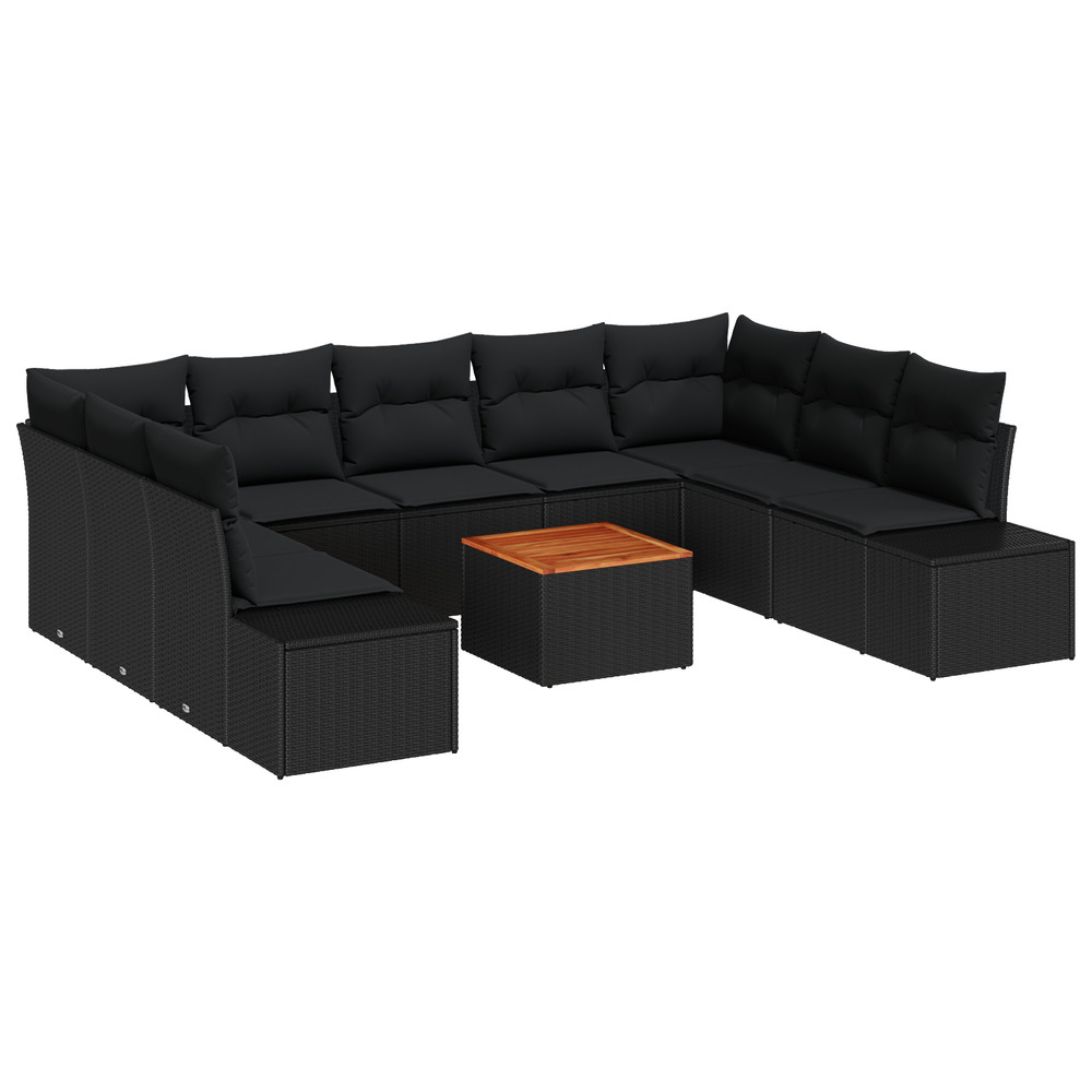 Ensemble de canapé de jardin 10 pièces avec coussins noir poly rotin acacia
