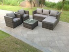 Lounge ensemble canapé en rotin gris mélangé foncé avec table 2 fauteuils tabourets mobilier de jardin extérieur terrasse