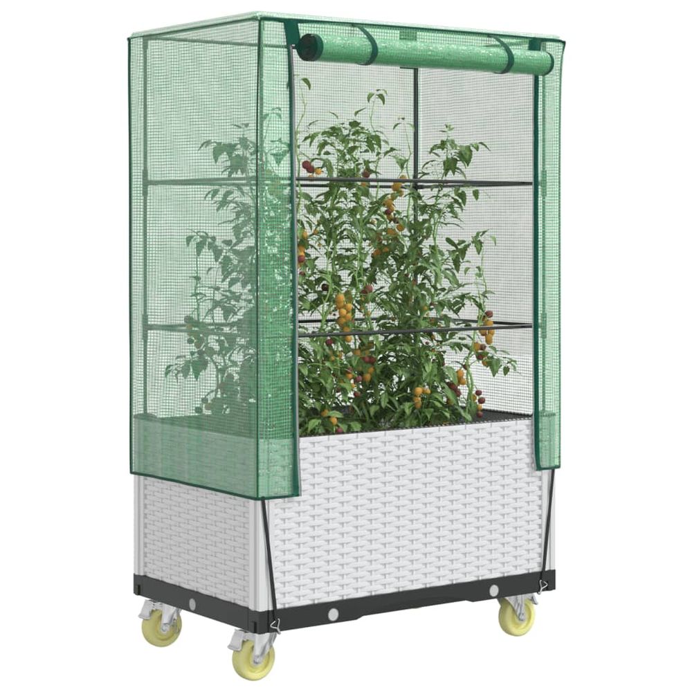 Jardinière sur pieds avec serre et roulettes aspect rotin pour balcon 80x50cm blanc