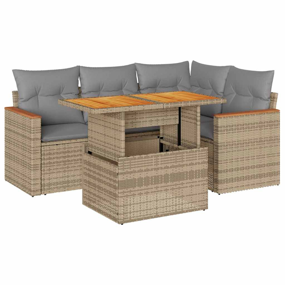 Salon de jardin avec coussins 5 pcs beige résine tressée acacia
