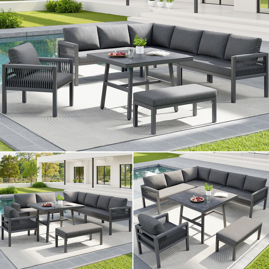 Canapé jardin tissé main l 8 pers: acier, coussins gris, table basse verre marbré +2 fauteuils, résistant intempéries