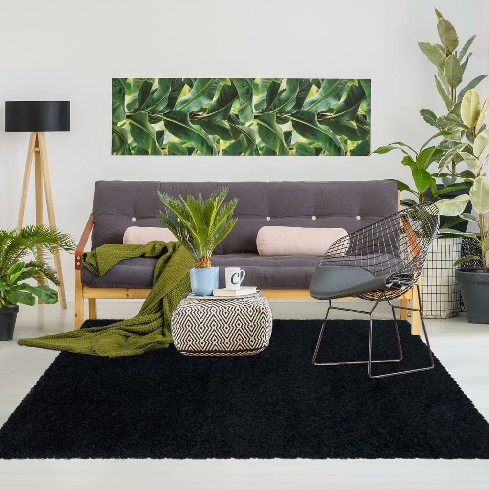 Tapis poils longs shaggy 100x200 rectangle tissé noir motif uni uni i
