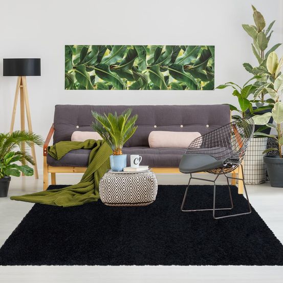 Tapis poils longs shaggy 100x200 rectangle tissé noir motif uni uni i