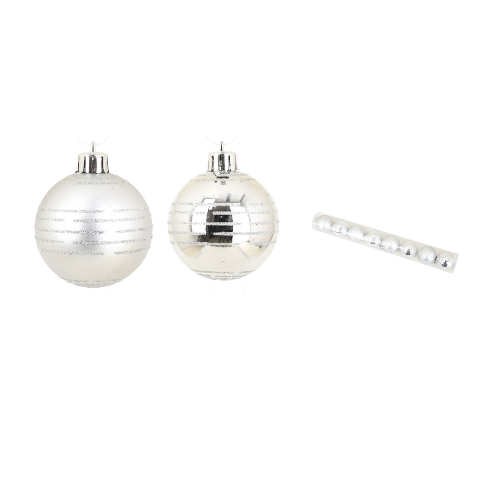 Set de 8 boules de noel decor rayures argent