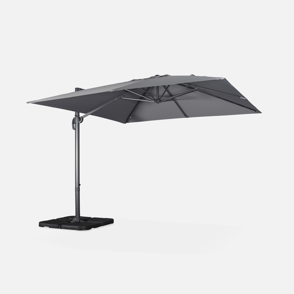 Parasol déporté carré 3x3m haut de gamme excentré inclinable rotatif à 360° + lot de 4 dalles à lester 50x50cm
