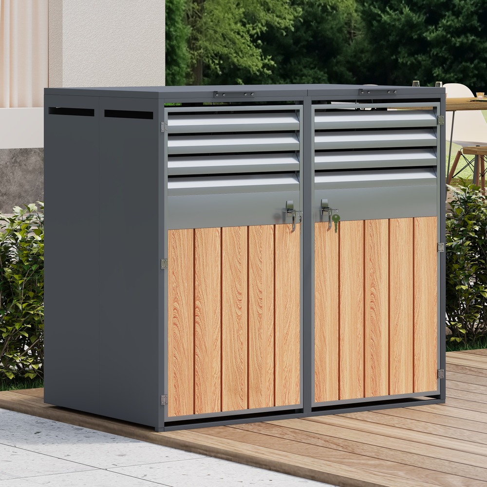 Boîte à poubelles, couvercle rabattable, ouverture aérée à lamelles, rangement, verrouillable, 2 portes