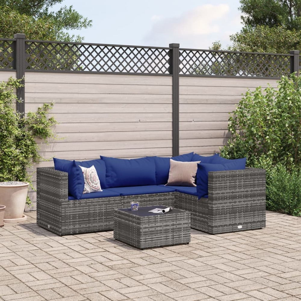 Salon de jardin 5 pcs avec coussins gris résine tressée