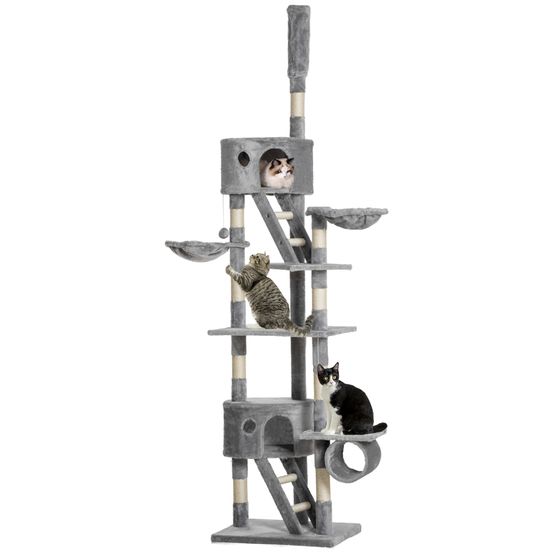 Arbre à chat géant plafond multi-niveaux hauteur réglable avec niches et paniers 240-260 cm gris