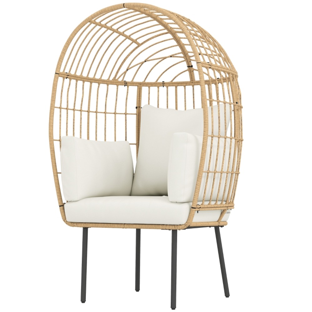 Fauteuil en rotin beige, en forme d'œuf, avec coussin amovible et résistant aux intempéries, idéal pour le jardin et le balcon.