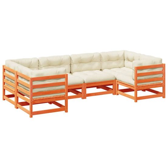 Salon de jardin 6 pcs avec coussins cire marron bois pin massif