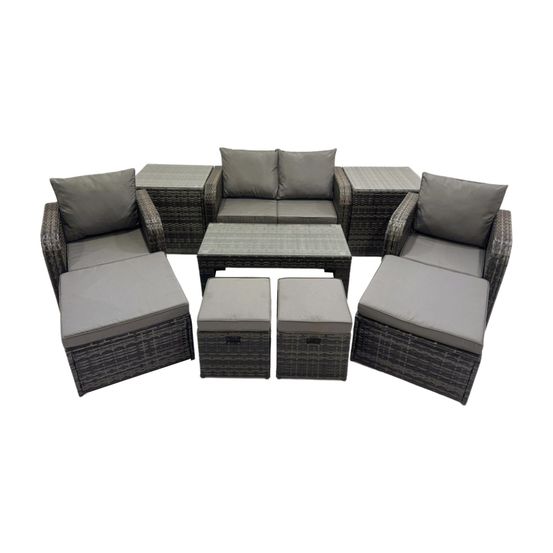 Ensemble de meubles de jardin en polyrotin avec table basse rectangulaire canapé d'amour 2 tables d'appoint 3 tabourets