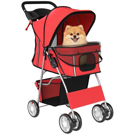 Poussette pliable animaux acier promenades maille panoramique panier rangement rouge