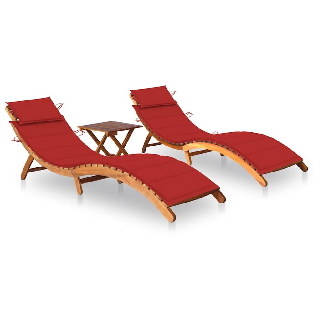 Chaises longues lot de 2 avec table et coussins acacia solide
