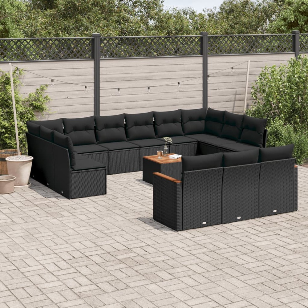 Salon de jardin avec coussins 14 pcs noir résine tressée