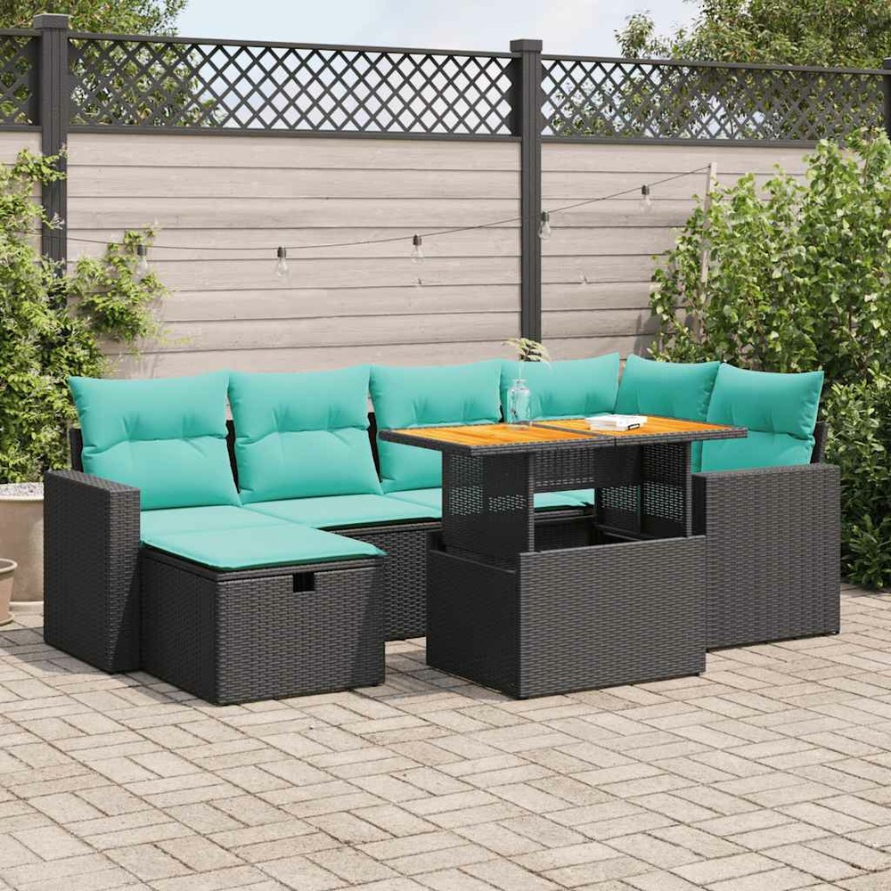 Salon de jardin avec coussins 7pcs marron résine tressée acacia