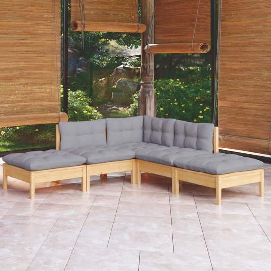 Salon de jardin 5 pcs avec coussins gris bois de pin