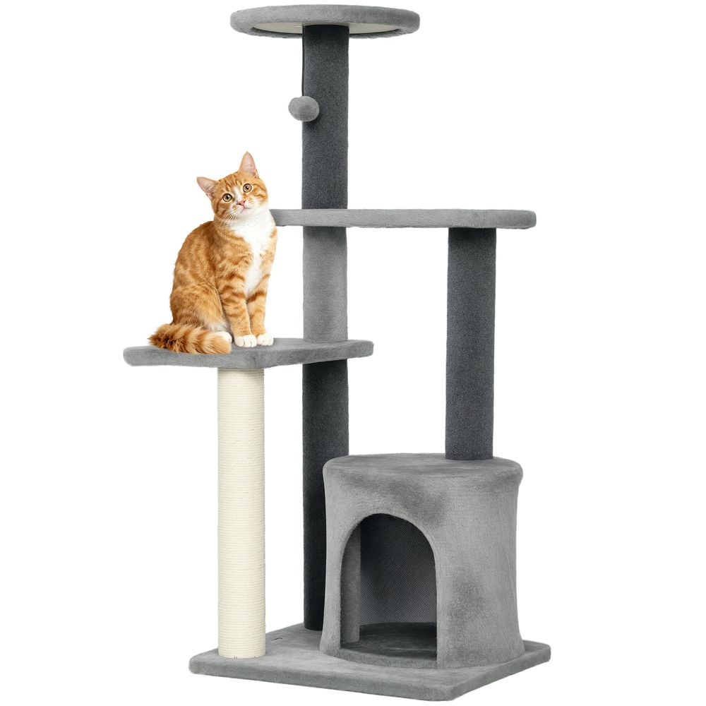 Arbre à chat avec sisal pour deux félins plateformes et niche 103cm gris