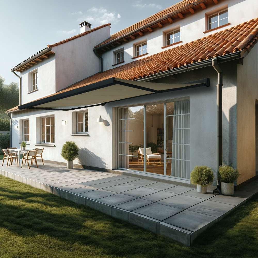 Store banne coffre intégral soa 5,00x3,50 m (manuelle - gris anthracite stucturé ral7016st - écru)