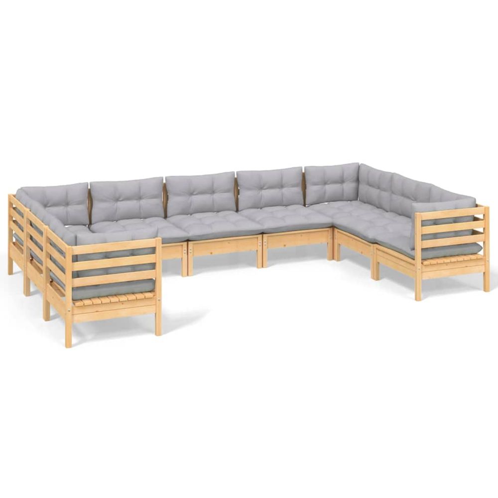 Salon de jardin 9 pcs avec coussins gris bois de pin
