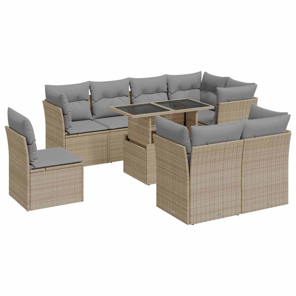 Salon de jardin avec coussins 9 pcs beige résine tressée