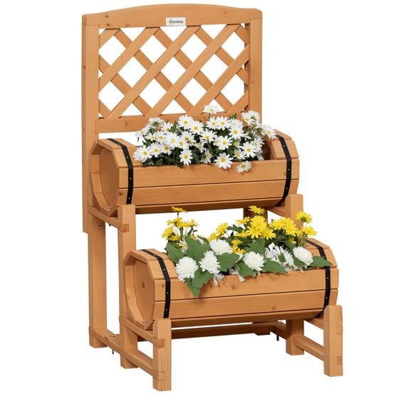 Jardinière bois massif jardin design tonneau avec treillis 45x45x80cm jaune naturel