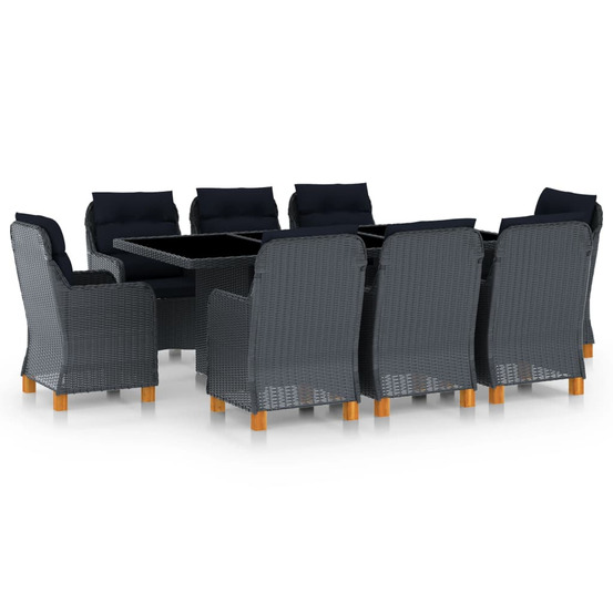 Mobilier à dîner 9 pcs avec coussins résine tressée gris foncé