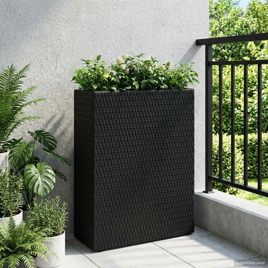 Grand pot de fleurs rectangulaire polyrotin pour terrasse moderne avec sac noir 55x22x70cm