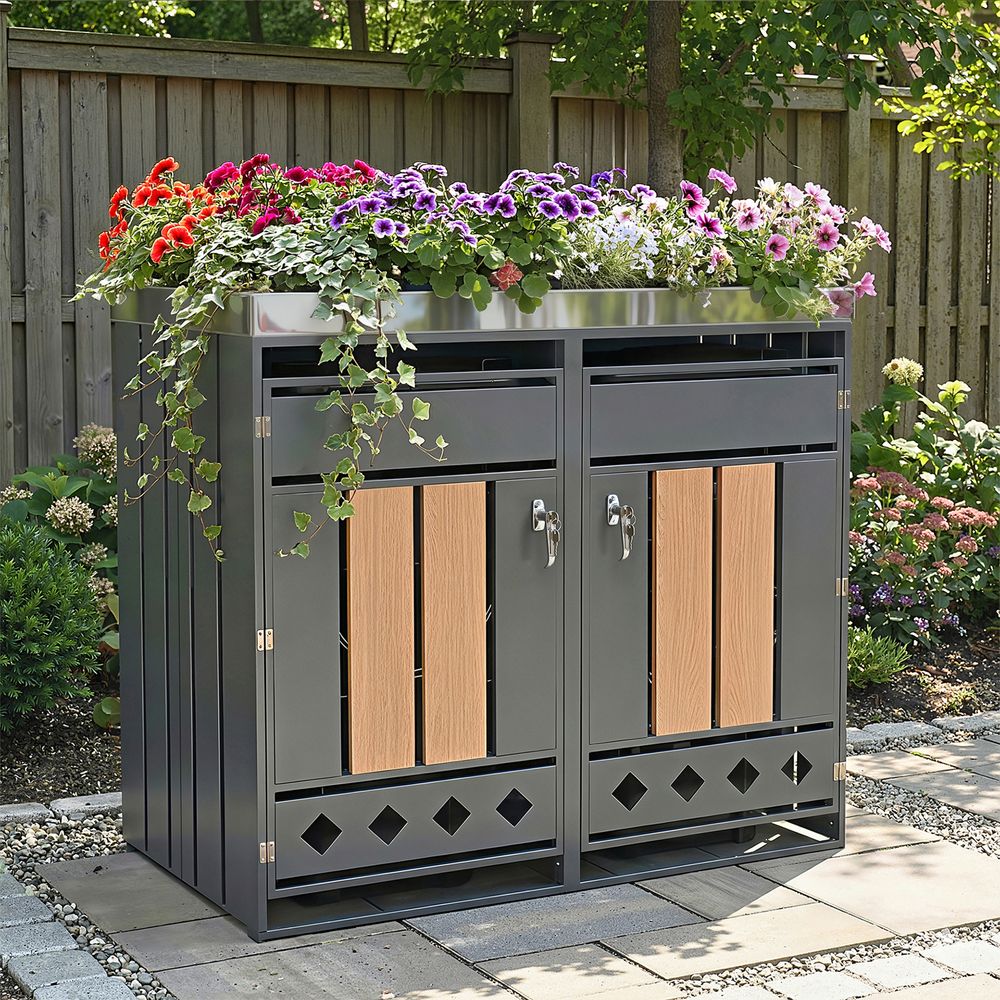 Cache-poubelle double acier galvanisé extérieur bac à fleurs 132x80x124cm gris bois - comfortxl outdoor living