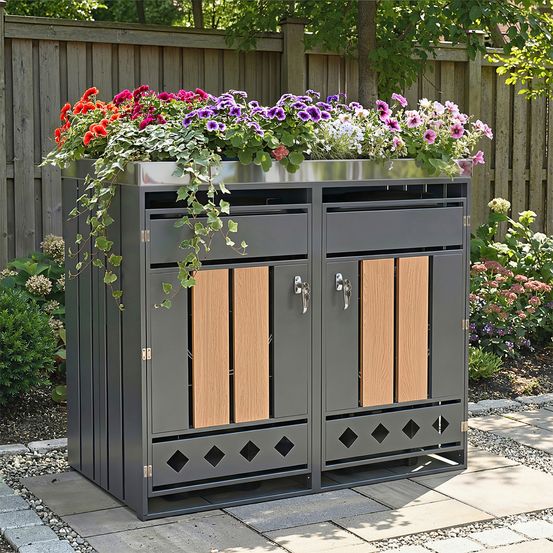 Cache-poubelle double acier galvanisé extérieur bac à fleurs 132x80x124cm gris bois - comfortxl outdoor living