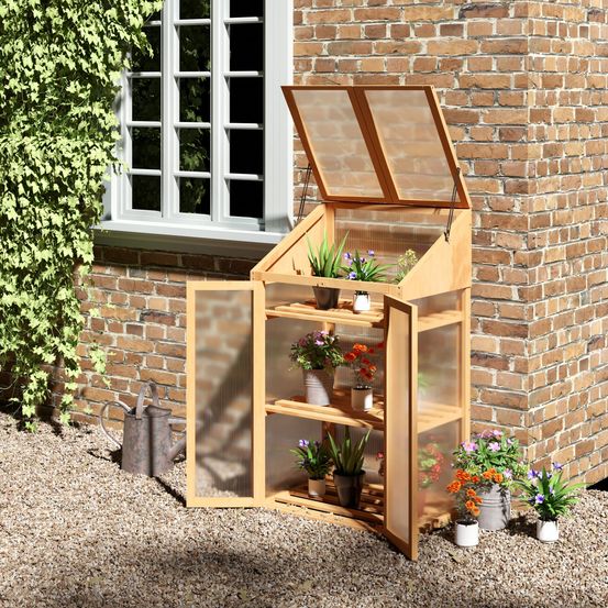 Mini serre châssis bois 3 étagères double porte jardin balcon 70x50x120cm - comfortxl outdoor living