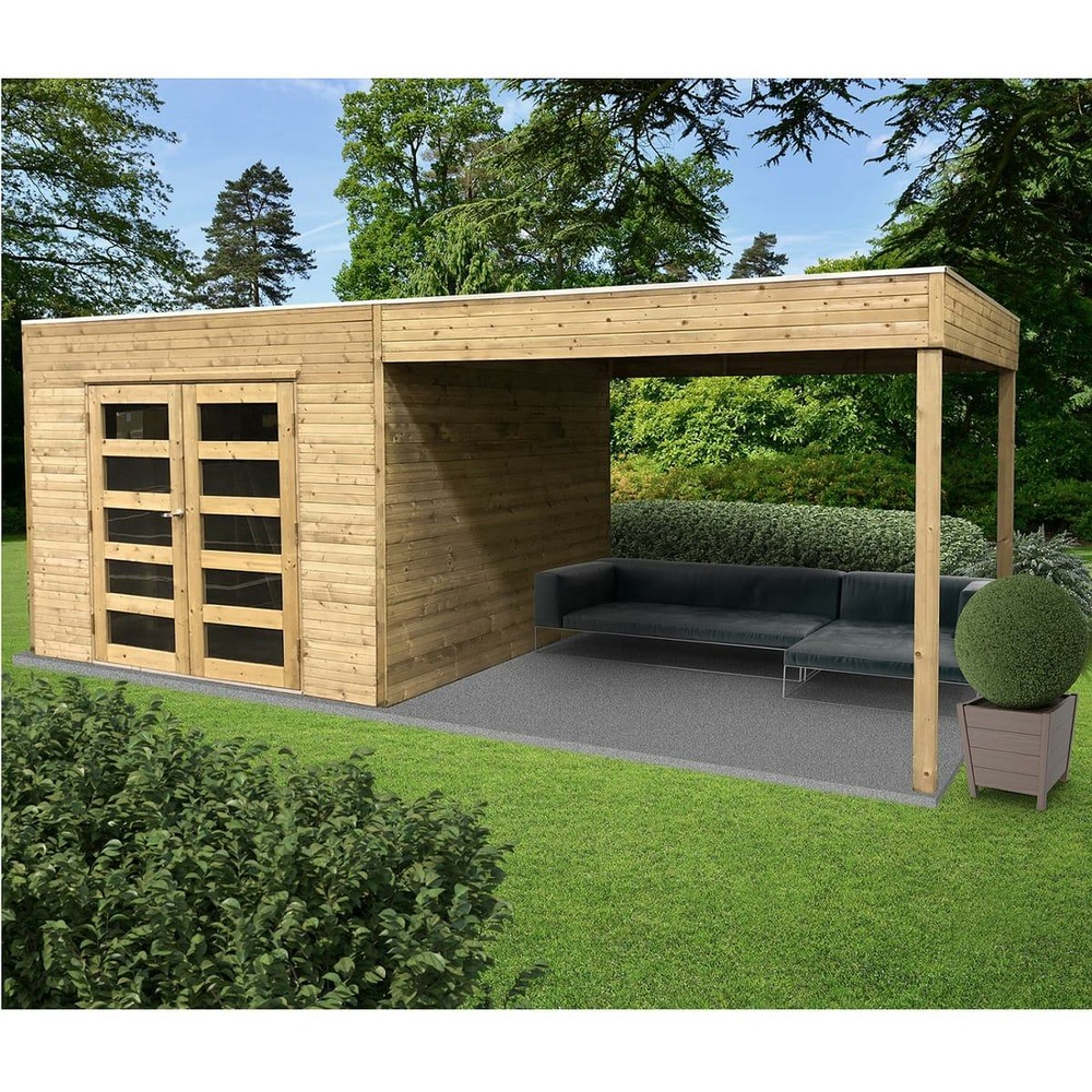 Abri de jardin en bois traité tarento avec auvent - 8 m²