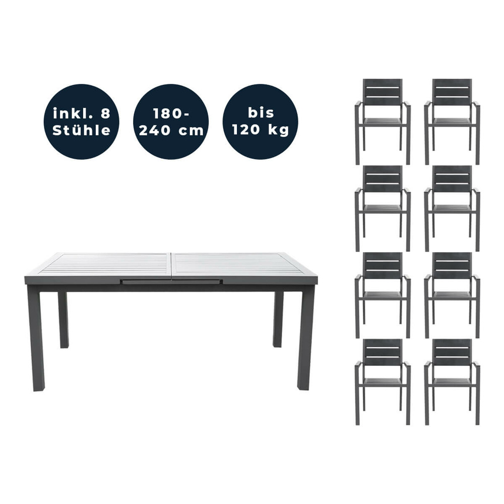 Home deluxe - table de jardin extensible - calido - env. 180 (240) x 97,5 x 76,5 cm - avec 8 chaises, piètement en aluminium,