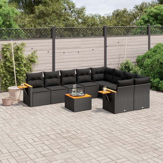 Salon de jardin 10 pcs avec coussins noir résine tressée