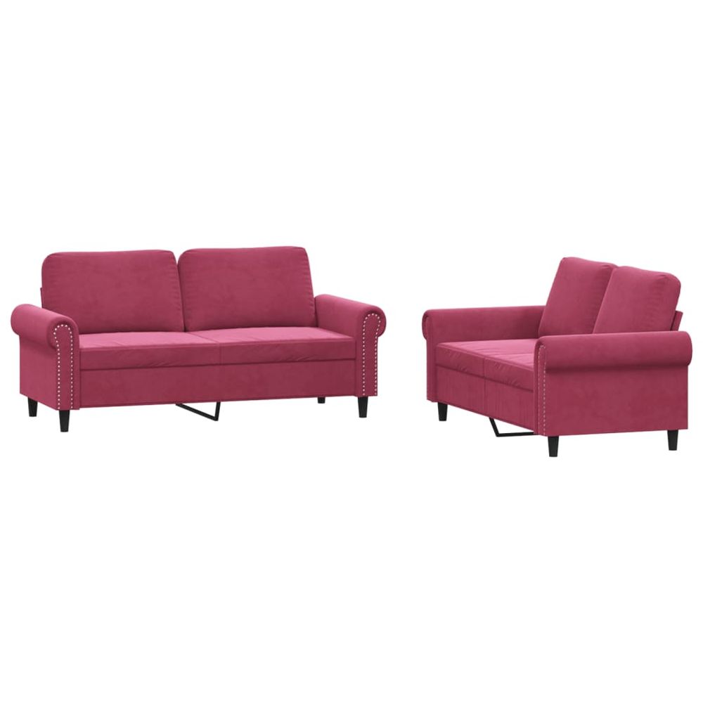 Ensemble de canapés 2 pcs avec coussins rouge bordeaux velours