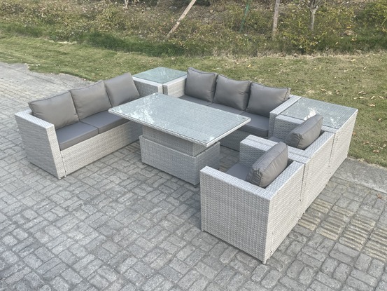 Salon de jardin exterieur table à manger réglable en hauteur ave canapé 2 fauteuil 2 table d'appoint gris clair