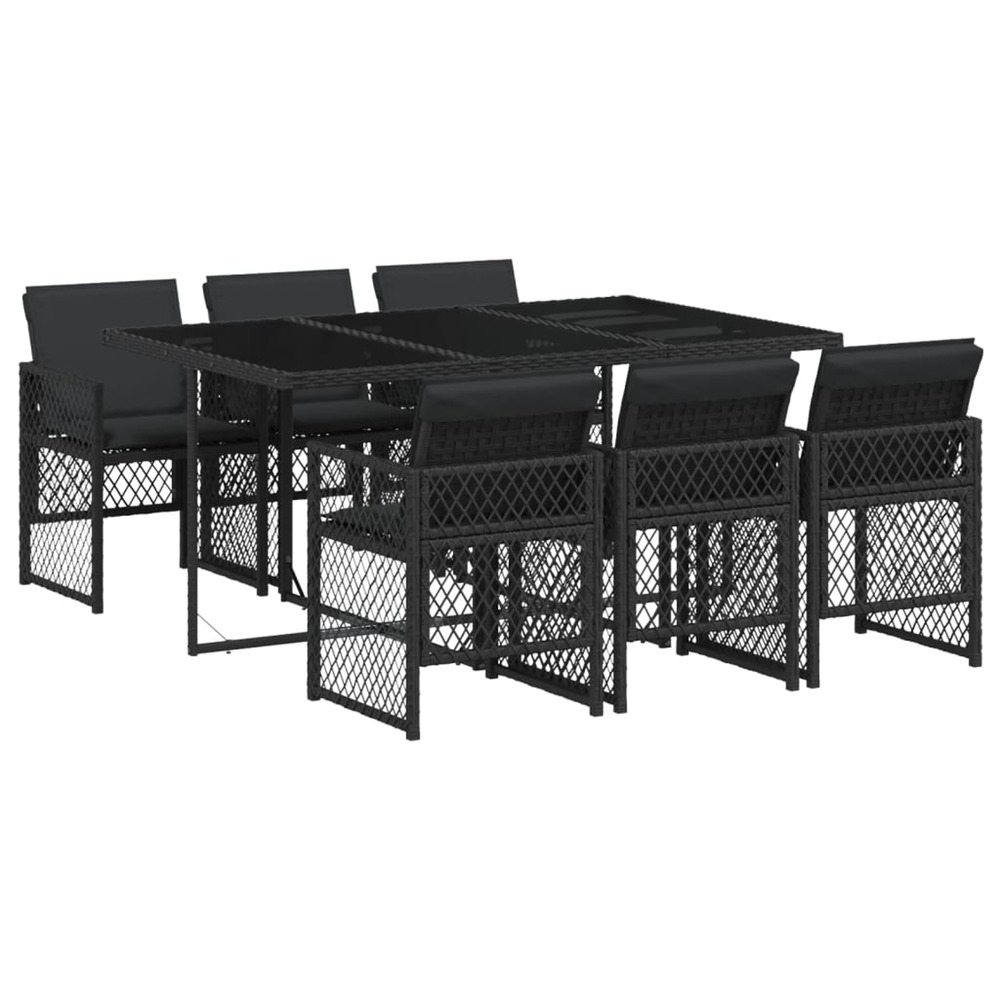 Ensemble à manger de jardin coussins 7 pcs noir résine tressée