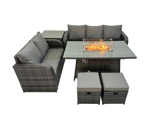 Salon de jardin exterieur table de foyer à gaz et canapé avec table d'appoint 2 petits tabourets