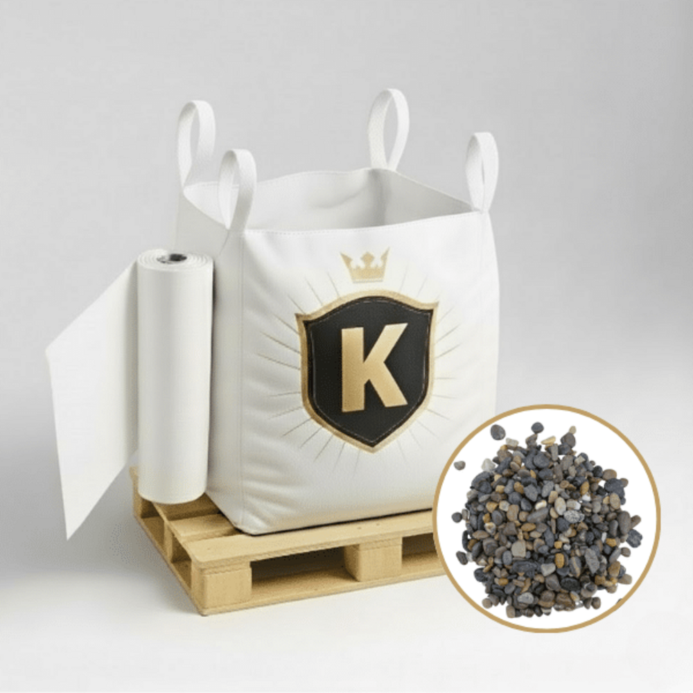 Kit galets gris + géotextile = 1 big bag galet durance 6/16 1.5t [environ 20m2 sur 5cm d'épaisseur] + 1 géotextile 25m2