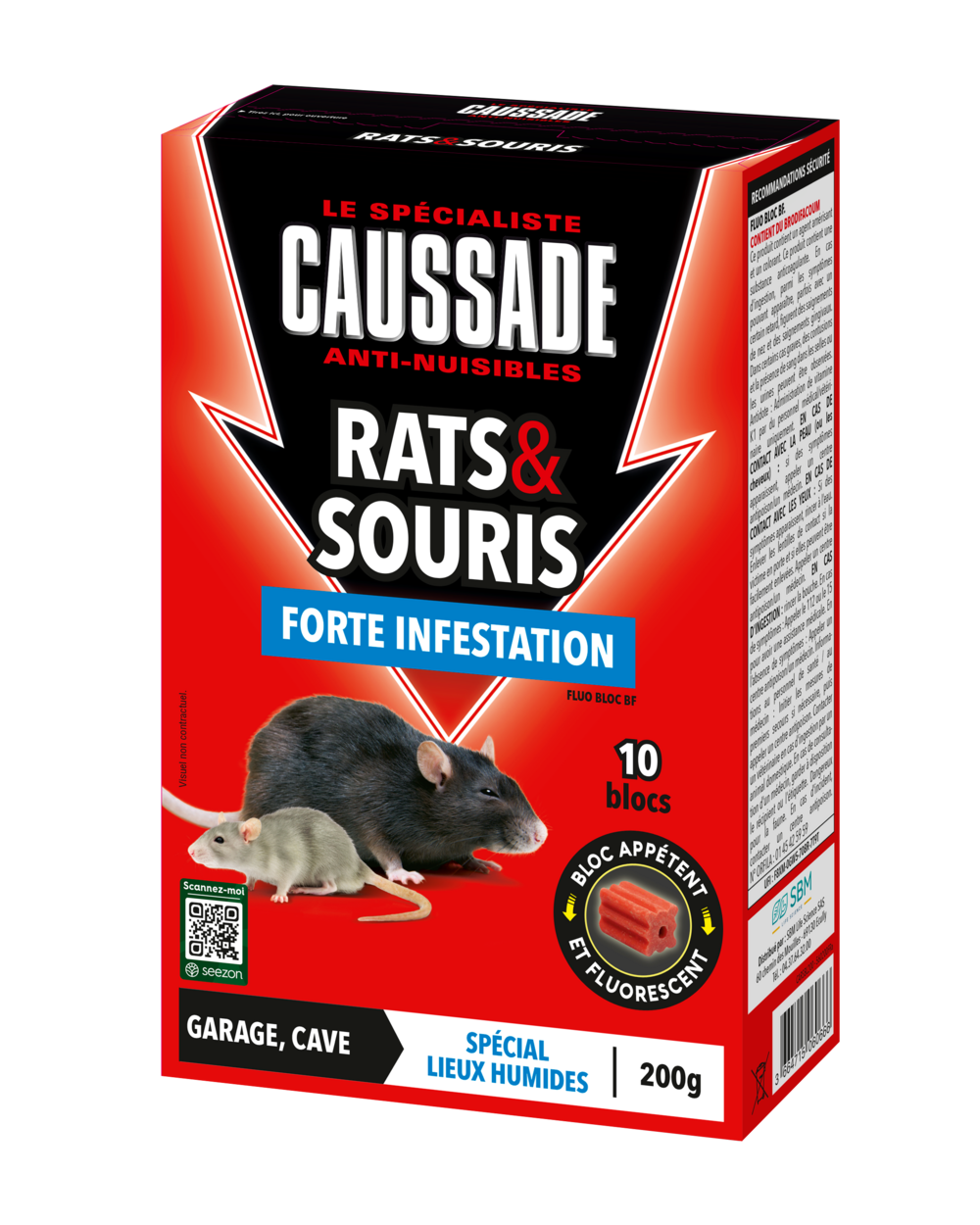 Caussade anti rats & souris - efficacité radicale - lieux très humides – 10 blocs appâts fluorescents - 200g carsbl200