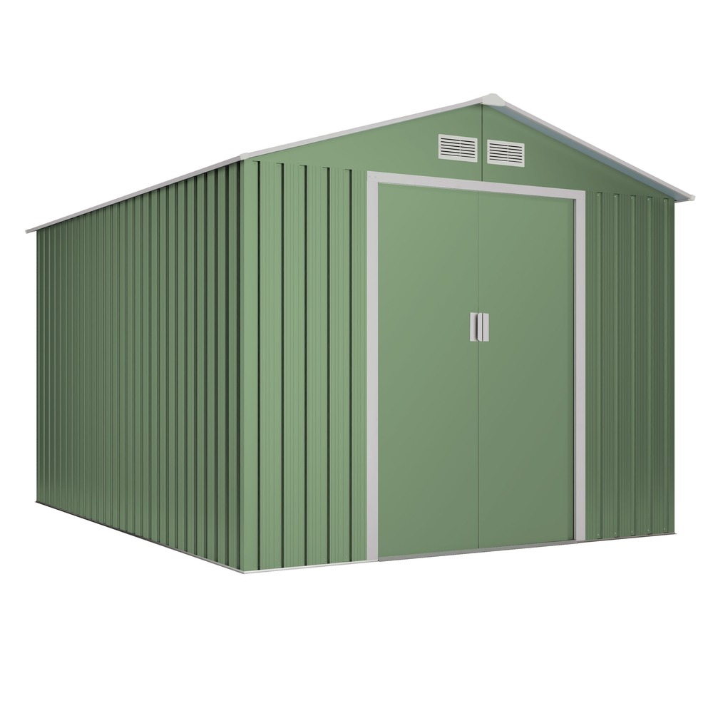 Wasabi - abri de jardin métal 8,08m² light green – porte coulissante double, grilles de ventilation, rangement