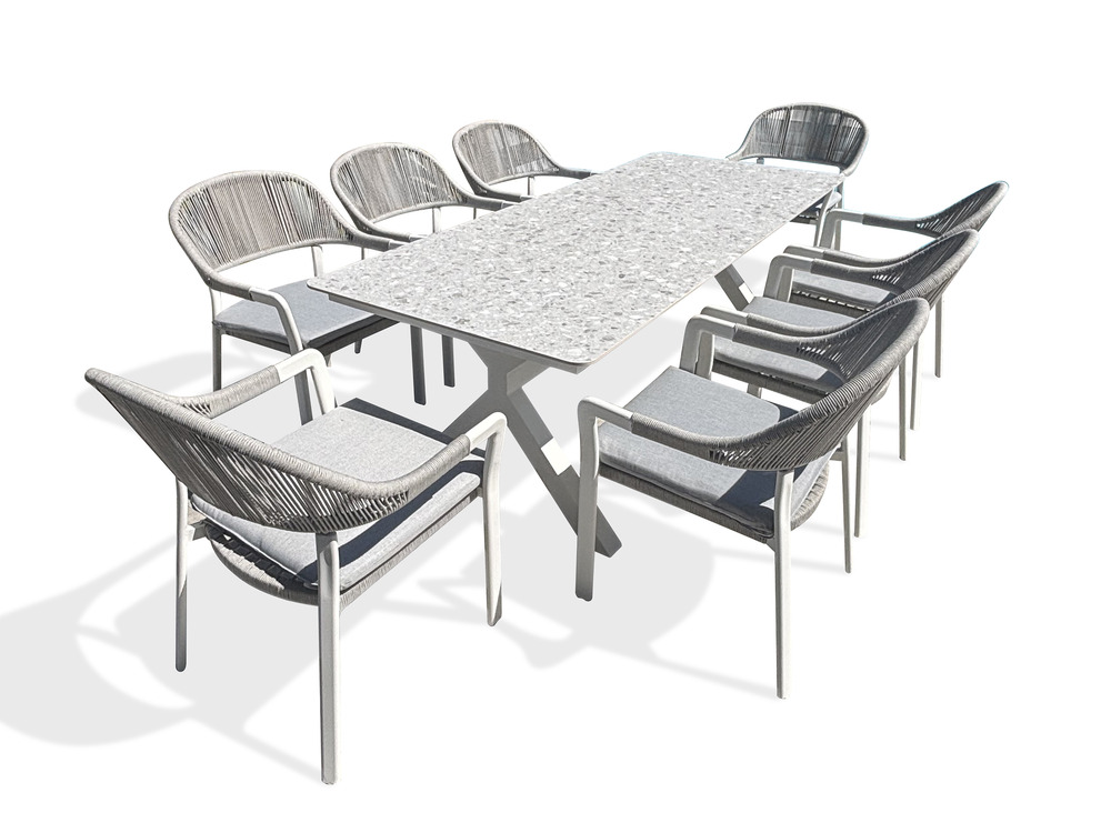 Ensemble table de jardin abella (220x90 cm) en aluminium et plateau sinterstone et 8 fauteuils abella - blanc