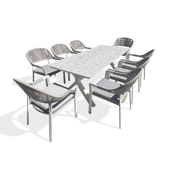 Ensemble table de jardin abella (220x90 cm) en aluminium et plateau sinterstone et 8 fauteuils abella - blanc