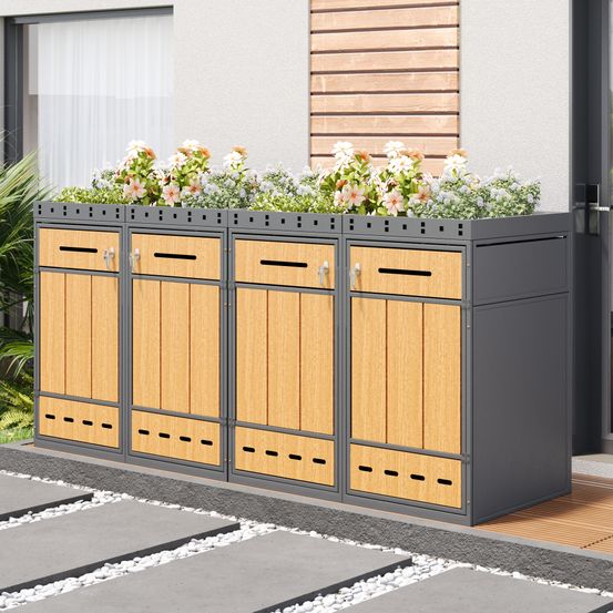 Cache-poubelle 4 bacs en acier pour jardin avec toit végétalisable gris et bois - comfortxl outdoor living