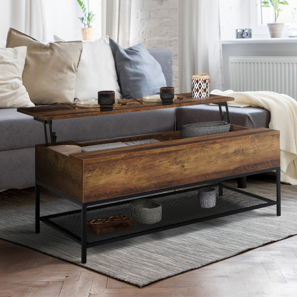 Table basse plateau relevable rectangulaire hamilton bois foncé et étagère inférieure design industriel